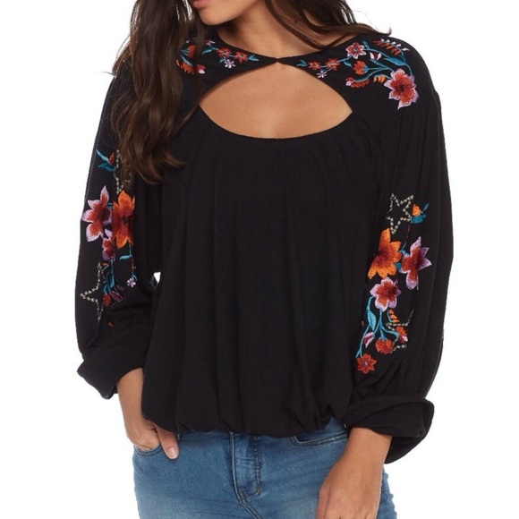 Free People Tops - SOLDFree People Floral Embroidered Black Bubble Hem Lita Blouse Open Neck Medium